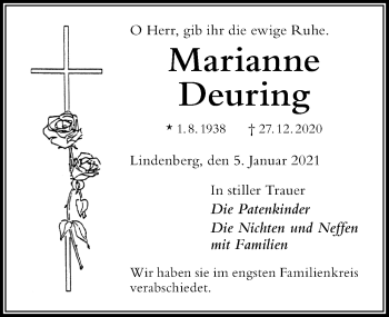 Traueranzeige von Marianne Deuring von Der Westallgäuer