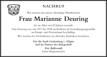 Traueranzeige von Marianne Deuring von Der Westallgäuer