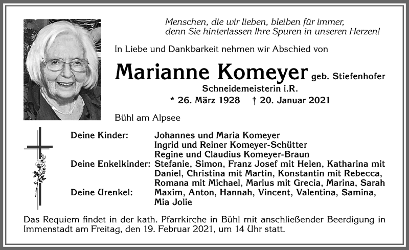 Traueranzeige für Marianne Komeyer vom 23.01.2021 aus Allgäuer Anzeigeblatt