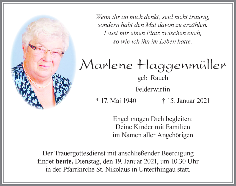  Traueranzeige für Marlene Haggenmüller vom 19.01.2021 aus Allgäuer Zeitung, Marktoberdorf
