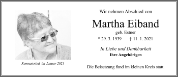 Traueranzeige von Martha Eiband von Allgäuer Zeitung, Marktoberdorf