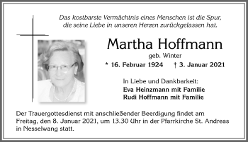 Traueranzeige von Martha Hoffmann von Allgäuer Zeitung, Füssen