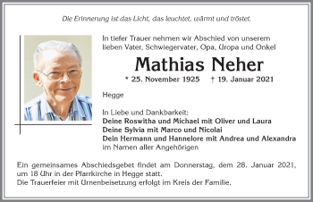 Traueranzeige von Mathias Neher von Allgäuer Zeitung,Kempten