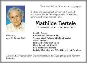 Traueranzeige von Mathilde Bertele von Allgäuer Anzeigeblatt