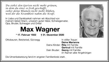 Traueranzeige von Max Wagner von Memminger Zeitung