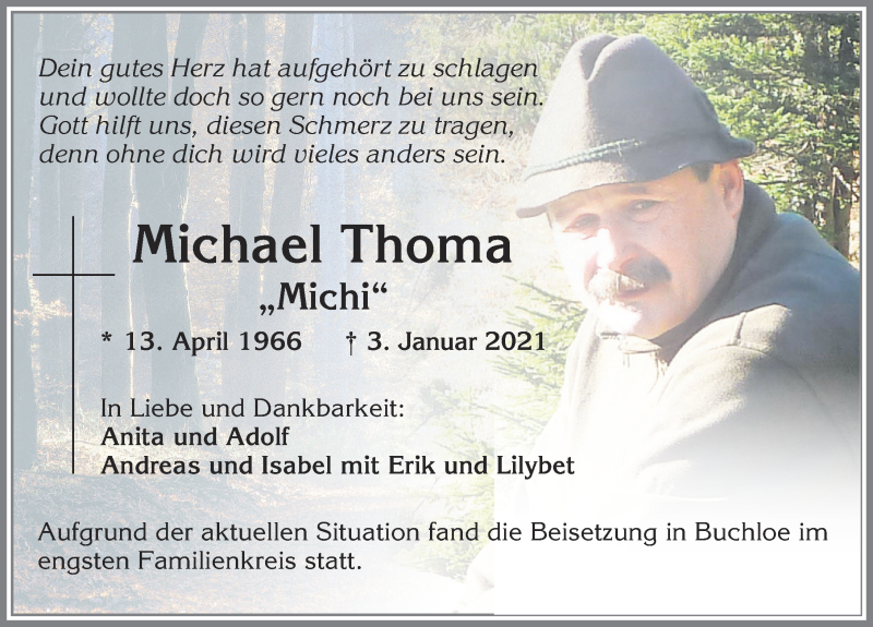  Traueranzeige für Michael Thoma vom 23.01.2021 aus Allgäuer Zeitung, Kaufbeuren/Buchloe