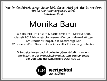 Traueranzeige von Monika Baur von Allgäuer Zeitung, Kaufbeuren/Buchloe