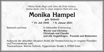 Traueranzeige von Monika Hampel von Allgäuer Zeitung, Kaufbeuren/Buchloe