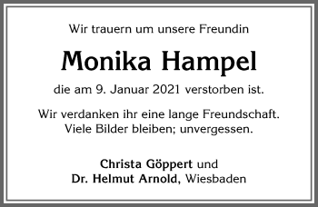 Traueranzeige von Monika Hampel von Allgäuer Zeitung, Kaufbeuren/Buchloe