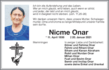 Traueranzeige von Nicme Onar von Memminger Zeitung