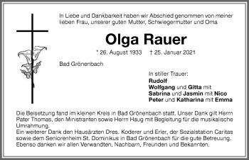 Traueranzeige von Olga Rauer von Memminger Zeitung