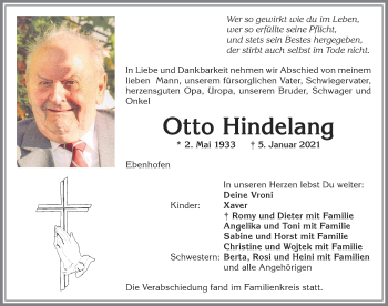 Traueranzeige von Otto Hindelang von Allgäuer Zeitung