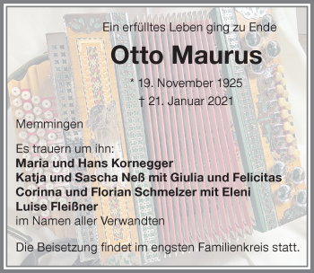 Traueranzeige von Otto Maurus von Memminger Zeitung