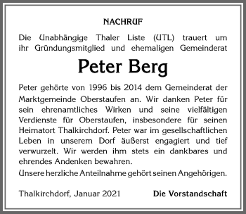 Traueranzeige von Peter Berg von Allgäuer Anzeigeblatt