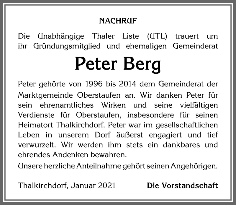  Traueranzeige für Peter Berg vom 23.01.2021 aus Allgäuer Anzeigeblatt