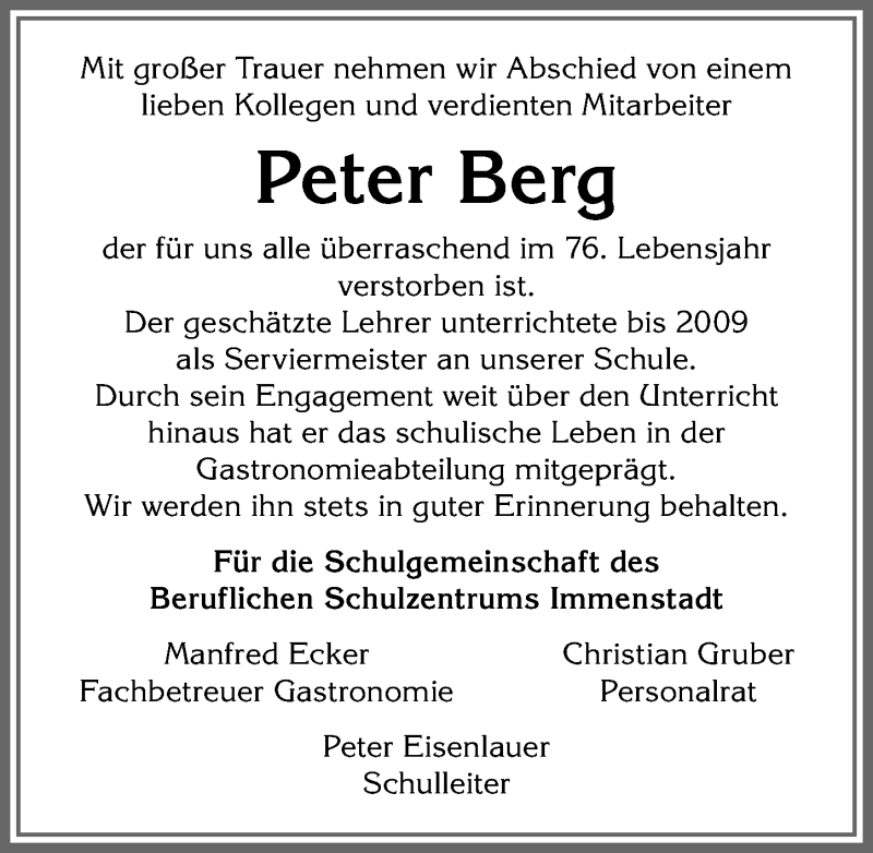  Traueranzeige für Peter Berg vom 23.01.2021 aus Allgäuer Anzeigeblatt