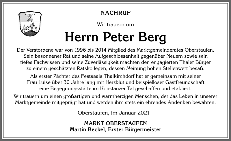  Traueranzeige für Peter Berg vom 23.01.2021 aus Allgäuer Anzeigeblatt