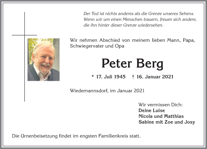  Traueranzeige für Peter Berg vom 23.01.2021 aus Allgäuer Anzeigeblatt