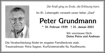 Traueranzeige von Peter Grundmann von Allgäuer Zeitung, Kaufbeuren/Buchloe
