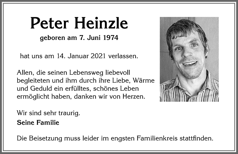  Traueranzeige für Peter Heinzle vom 20.01.2021 aus Allgäuer Zeitung,Kempten