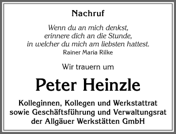 Traueranzeige von Peter Heinzle von Allgäuer Zeitung,Kempten