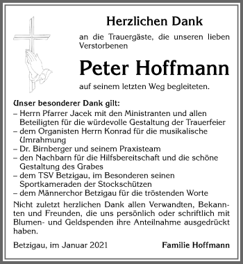 Traueranzeige von Peter Hoffmann von Allgäuer Zeitung,Kempten