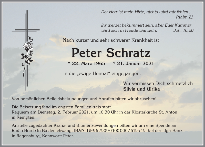  Traueranzeige für Peter Schratz vom 29.01.2021 aus Allgäuer Anzeigeblatt