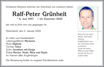 Traueranzeige von Ralf-Peter Grünheit von Allgäuer Anzeigeblatt