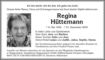 Traueranzeige von Regina Hüttemann von Allgäuer Zeitung, Füssen