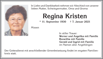 Traueranzeige von Regina Kristen von Allgäuer Anzeigeblatt