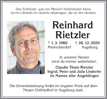 Traueranzeige von Reinhard Rietzler von Allgäuer Zeitung, Marktoberdorf