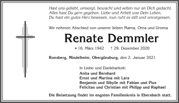 Traueranzeige von Renate Demmler von Allgäuer Zeitung, Marktoberdorf