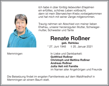 Traueranzeige von Renate Roßner von Memminger Zeitung