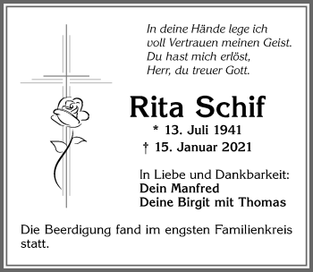 Traueranzeige von Rita Schif von Allgäuer Zeitung,Kempten