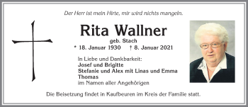 Traueranzeige von Rita Wallner von Allgäuer Zeitung, Kaufbeuren/Buchloe
