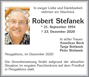 Traueranzeige von Robert Stefanek von Allgäuer Zeitung, Kaufbeuren/Buchloe