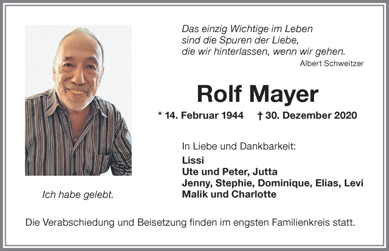  Traueranzeige für Rolf Mayer vom 05.01.2021 aus Memminger Zeitung