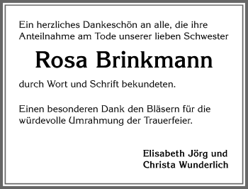 Traueranzeige von Rosa Brinkmann von Allgäuer Zeitung,Kempten