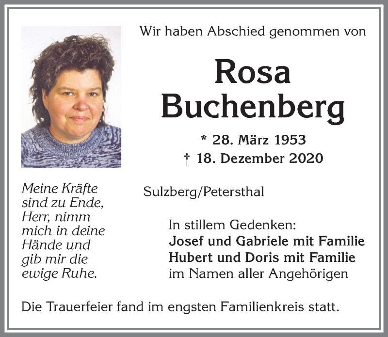  Traueranzeige für Rosa Buchenberg vom 02.01.2021 aus Allgäuer Zeitung,Kempten