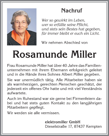 Traueranzeige von Rosamunde Miller von Allgäuer Zeitung,Kempten