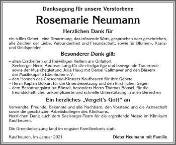 Traueranzeige von Rosemarie Neumann von Allgäuer Zeitung, Kaufbeuren/Buchloe