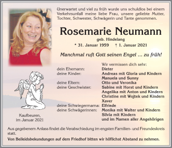 Traueranzeige von Rosemarie Neumann von Allgäuer Zeitung, Kaufbeuren/Buchloe