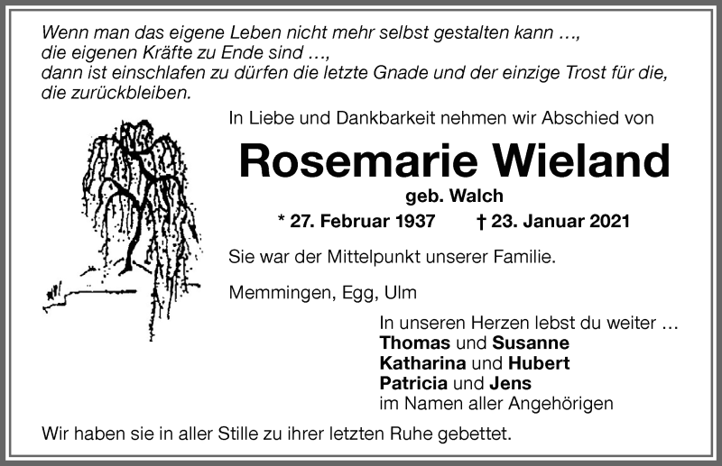  Traueranzeige für Rosemarie Wieland vom 30.01.2021 aus Memminger Zeitung