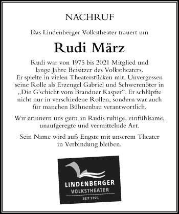 Traueranzeige von Rudi März von Der Westallgäuer