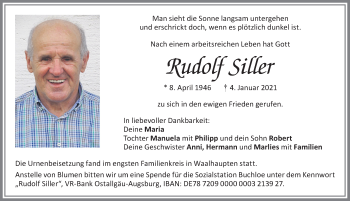 Traueranzeige von Rudoff Siller von Allgäuer Zeitung, Kaufbeuren/Buchloe