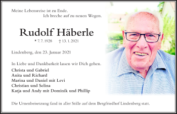 Traueranzeige von Rudolf Häberle von Der Westallgäuer