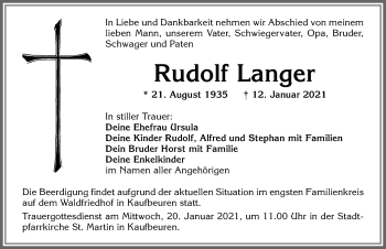 Traueranzeige von Rudolf Langer von Allgäuer Zeitung