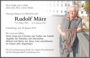 Traueranzeige von Rudolf März von Der Westallgäuer