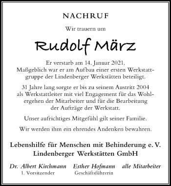 Traueranzeige von Rudolf März von Der Westallgäuer