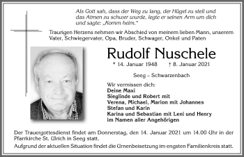 Traueranzeige von Rudolf Nuschele von Allgäuer Zeitung, Füssen